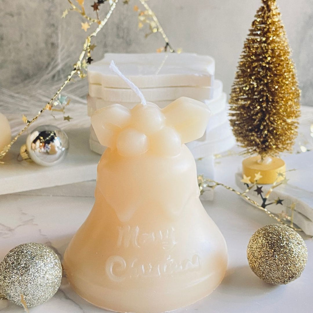 christmas candle, christmas bell candle, stocking stuffer, stocking stuffers, christmas gift ideas, christmas gifts, unscented candle, white aesthetic, white candles, 