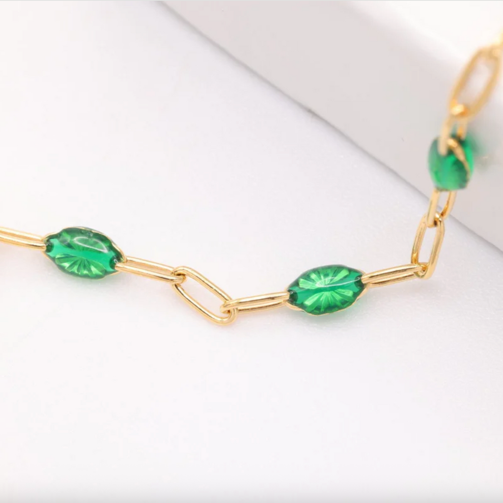 emerald green bracelet, green enamel bracelet, paperclip bracelet, paperclip bracelets, permanent bracelets