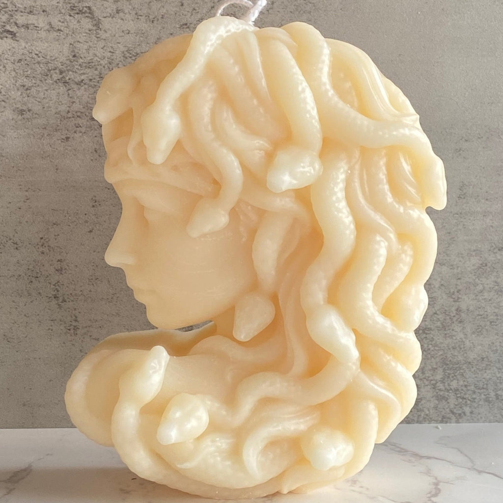 medusa candle, medusa, decorative candles, sculptural candles, architectural candles, pillar candles, home decor, candles for home decor, natural candles, non-toxic candles, soy wax candles