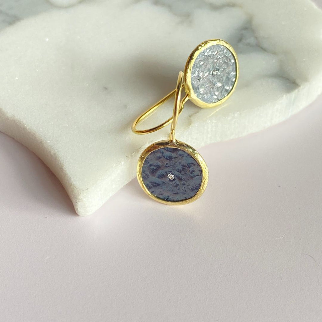 mixed metals earrings, silver gold earrings, round earrings, earrings with cubic zirconia, earrings with CZ, round pendant earrings