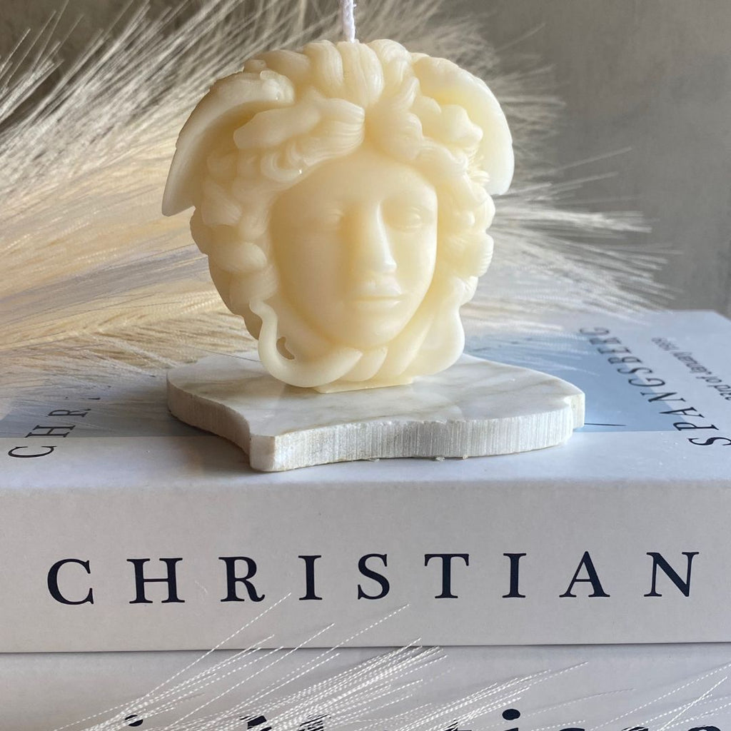 medusa candle, medusa, decorative candles, sculptural candles, architectural candles, pillar candles, home decor, candles for home decor, natural candles, non-toxic candles, soy wax candles