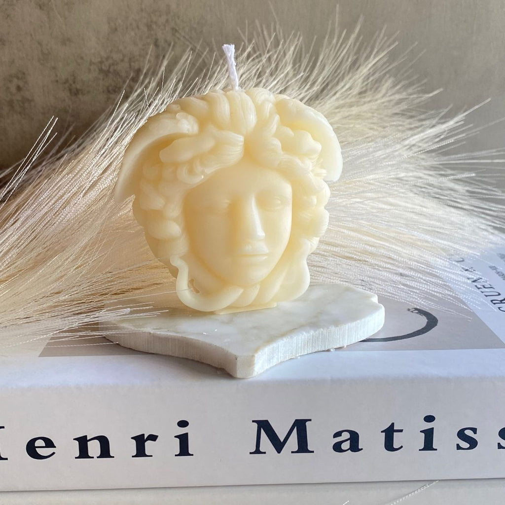 medusa candle, medusa, decorative candles, sculptural candles, architectural candles, pillar candles, home decor, candles for home decor, natural candles, non-toxic candles, soy wax candles