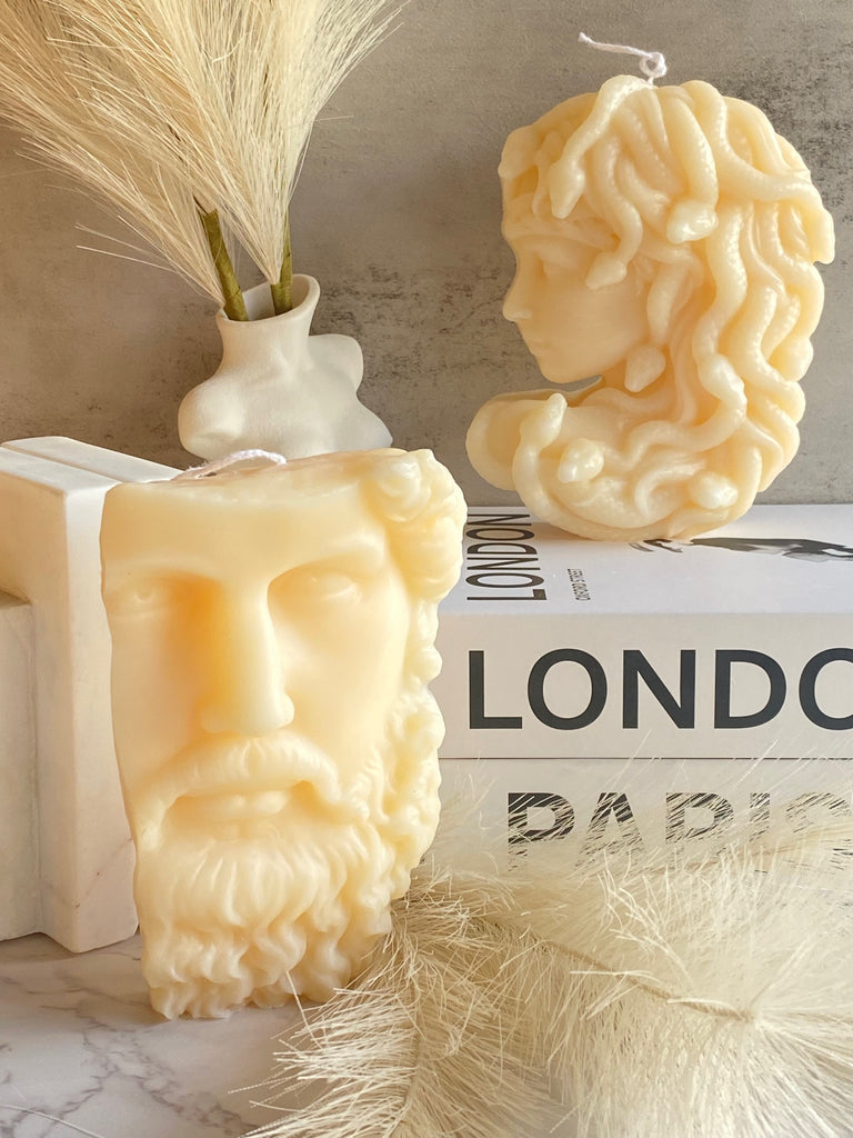 zeus candle, greek mythology candles, medusa candle, half man candle, half face candle, natural candles, soy wax candles, toxic-free candles, home decor, sculptural candles, architectural candles,  decorative candles 