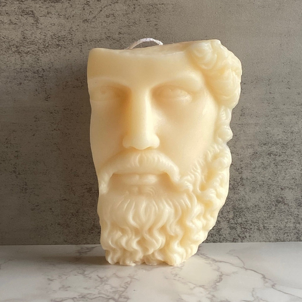 zeus candle, greek mythology candles, half man candle, half face candle, natural candles, soy wax candles, toxic-free candles, home decor, sculptural candles, architectural candles,  decorative candles 