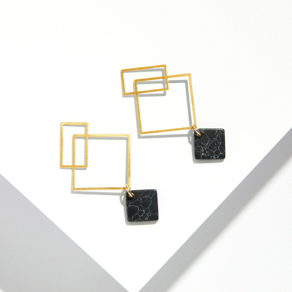 Ares Earrings - Yellow Gold with Black Howlite