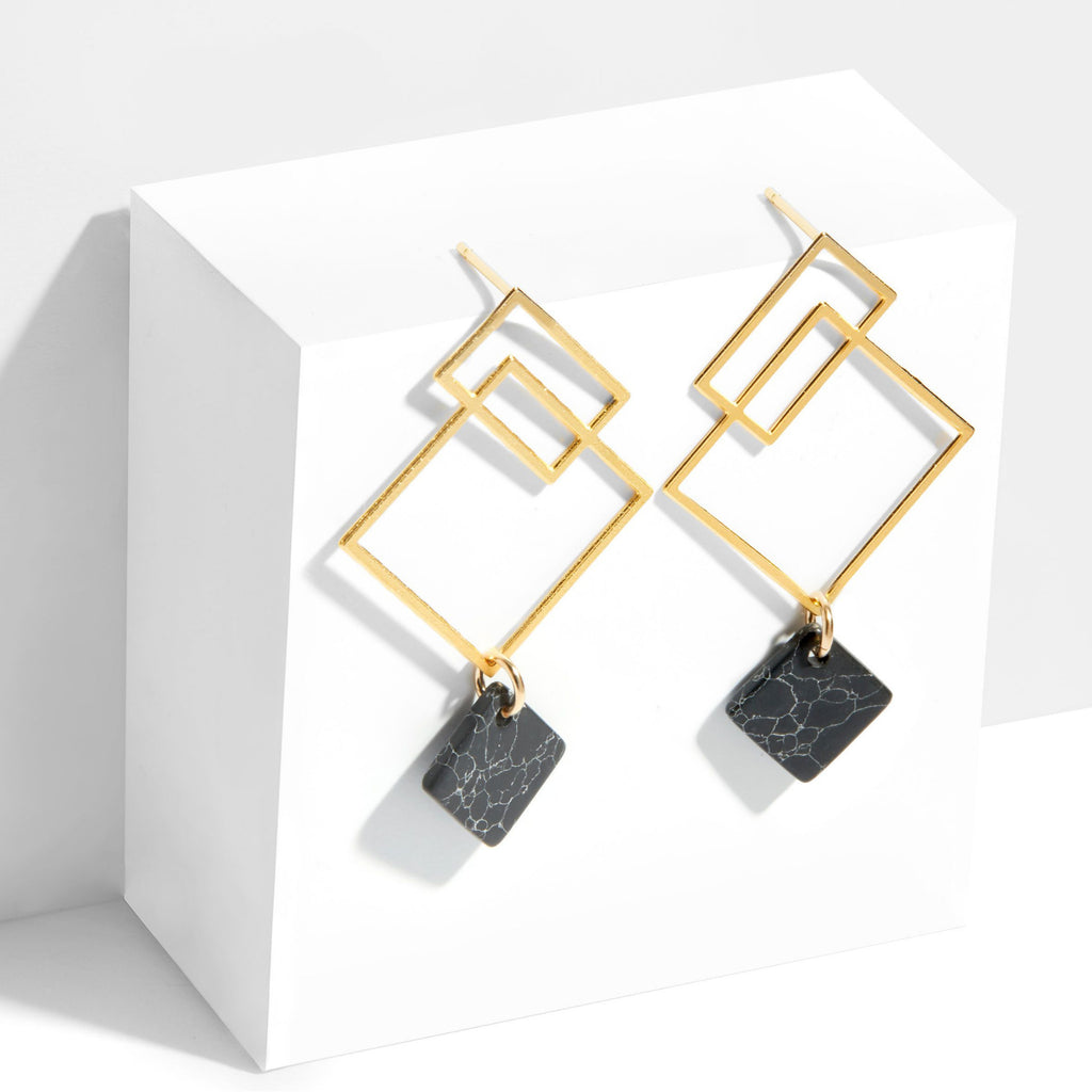 Ares Earrings - Yellow Gold with Black Howlite
