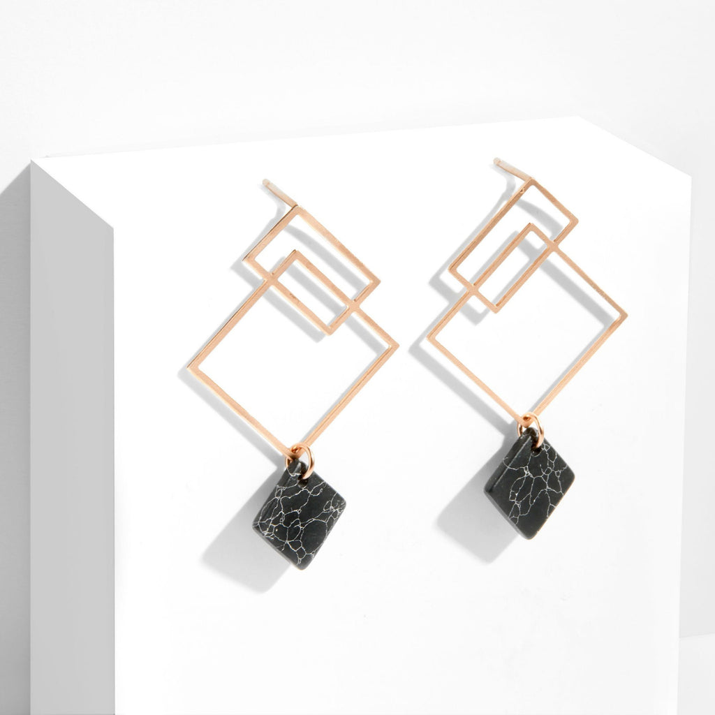 Ares Earrings - Rose Gold with Black Howlite