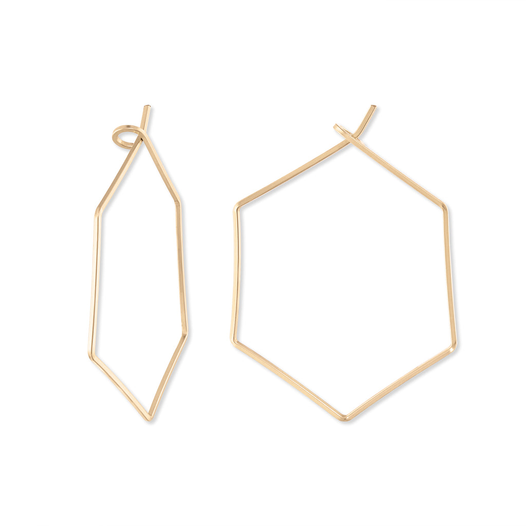 hexagon hoops, hexagon earrings, geometric earrings, laser cut earrings, modern earrings, modern jewelry design, threaders, threader earrings, minimalist earrings