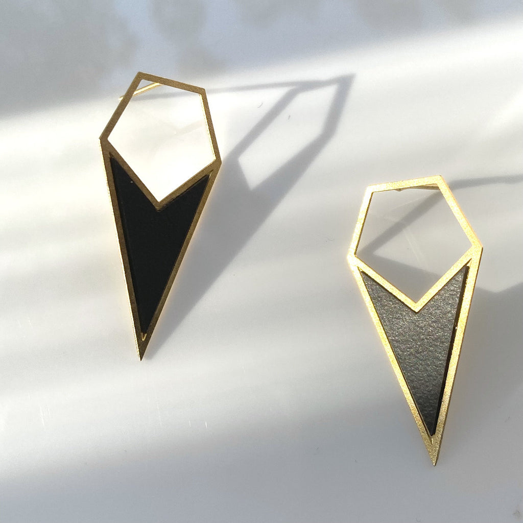 gold black earrings, triangle earrings, spike earrings, chevron earrings, small earrings, triangle posts, triangle post earrings