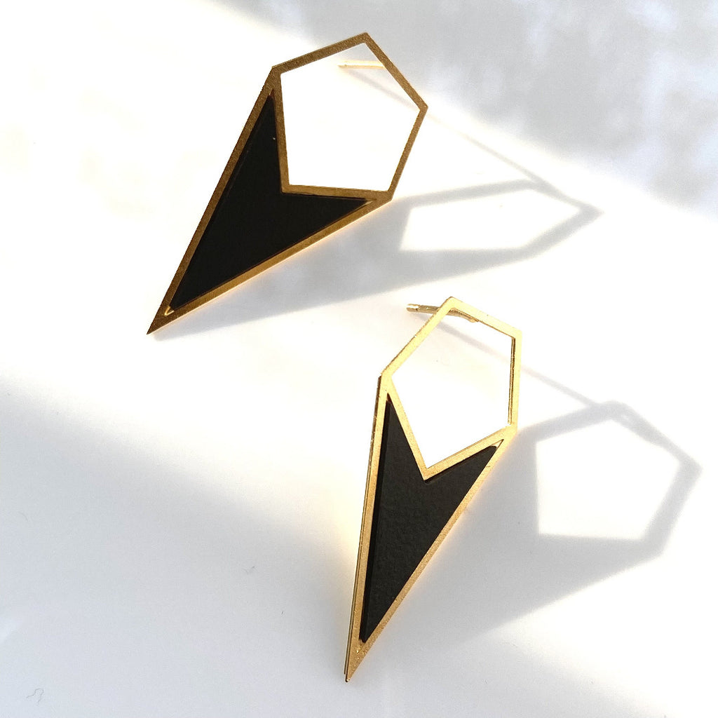 gold black earrings, triangle earrings, spike earrings, chevron earrings, small earrings, triangle posts, triangle post earrings